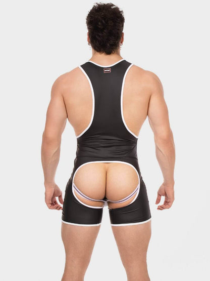 Person wearing a black wrestling singlet with white accents on a plain background