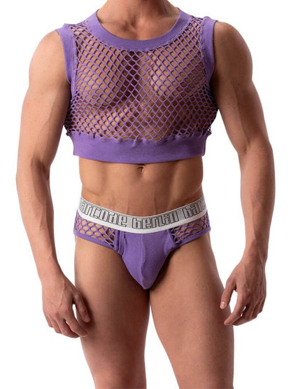 A model wearing a pruple Barcode Berlin mesh brief with a low-rise waist and branded waistband.