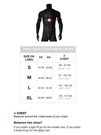 Barcode Berlin size chart for tops and tank tops, indicating measurements for chest sizes in inches and centimeters, with a visual silhouette of a male model showing where the measurements are taken.