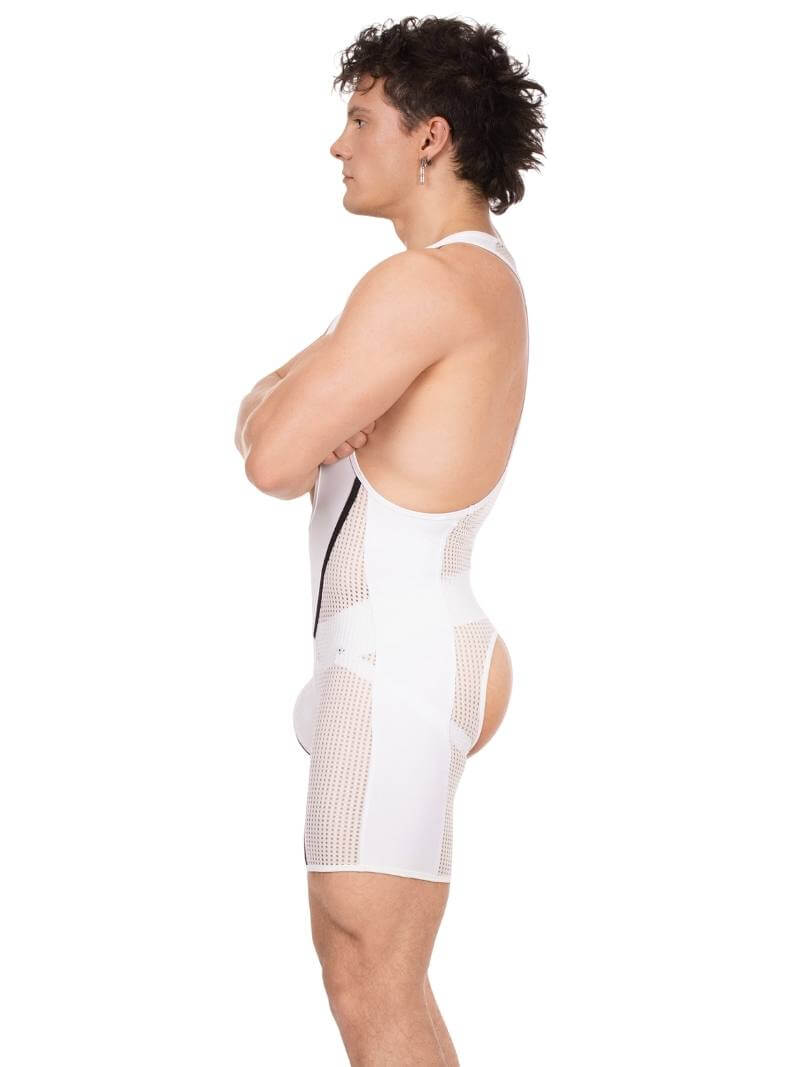 Person wearing a white compression garment on a white background