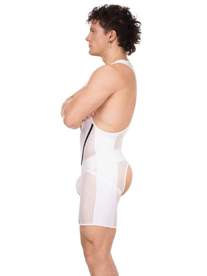 Person wearing a white compression garment on a white background