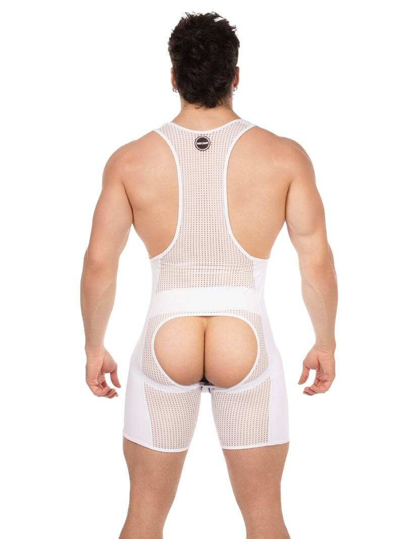 Person wearing a white mesh romper on a white background