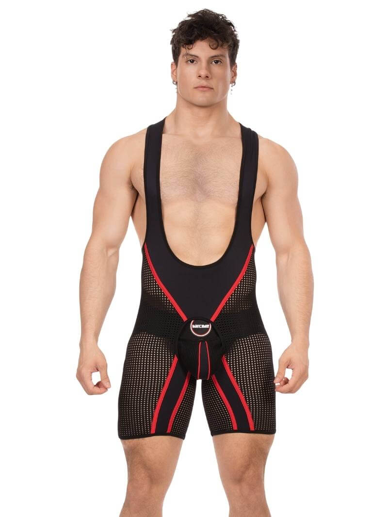 Man wearing a black and red compression garment on a white background