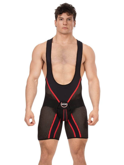 Man wearing a black and red compression garment on a white background