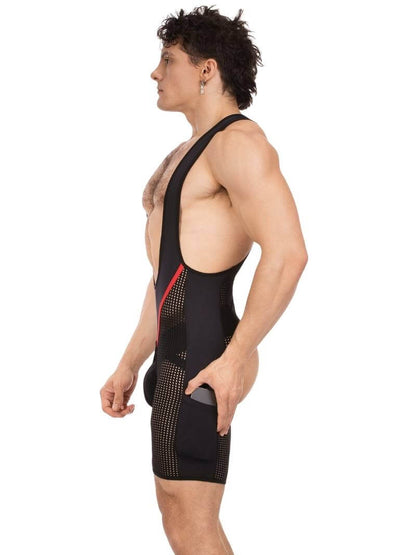 Person wearing a black athletic outfit with red accents on a white background