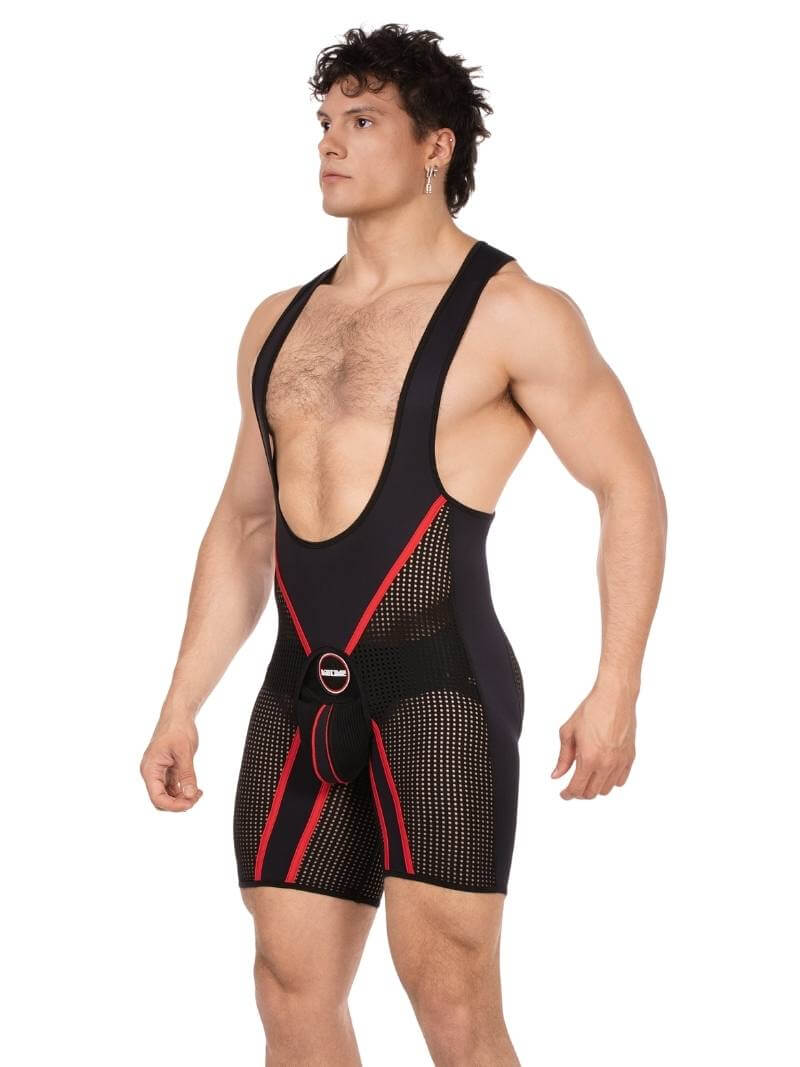 Man wearing a black and red mesh body shaper on a white background