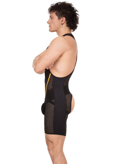 Person wearing a black swimsuit with yellow accents on a white background