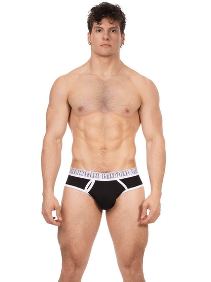 Man wearing black underwear with white waistband on a white background