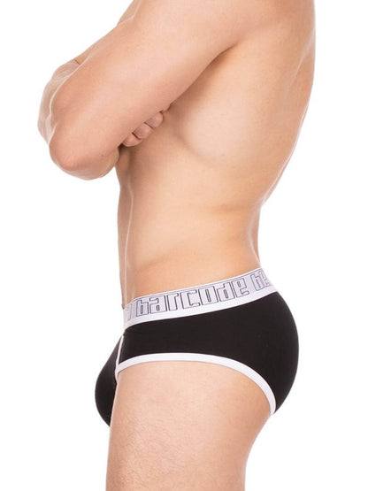 Black underwear with a visible brand logo on a white background