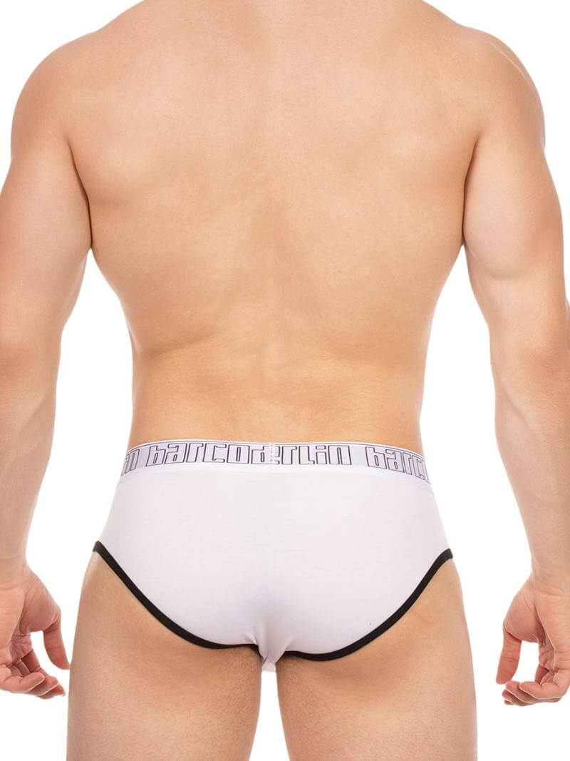 White men's underwear with black trim on a white background