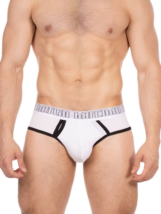 Man wearing a white men's underwear with brand logo on a white background