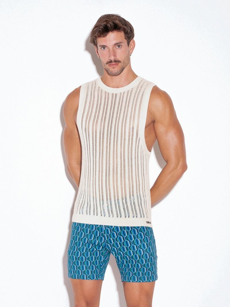 CODE22 Men's Knitted Crochet Tank Top: Striped Knit