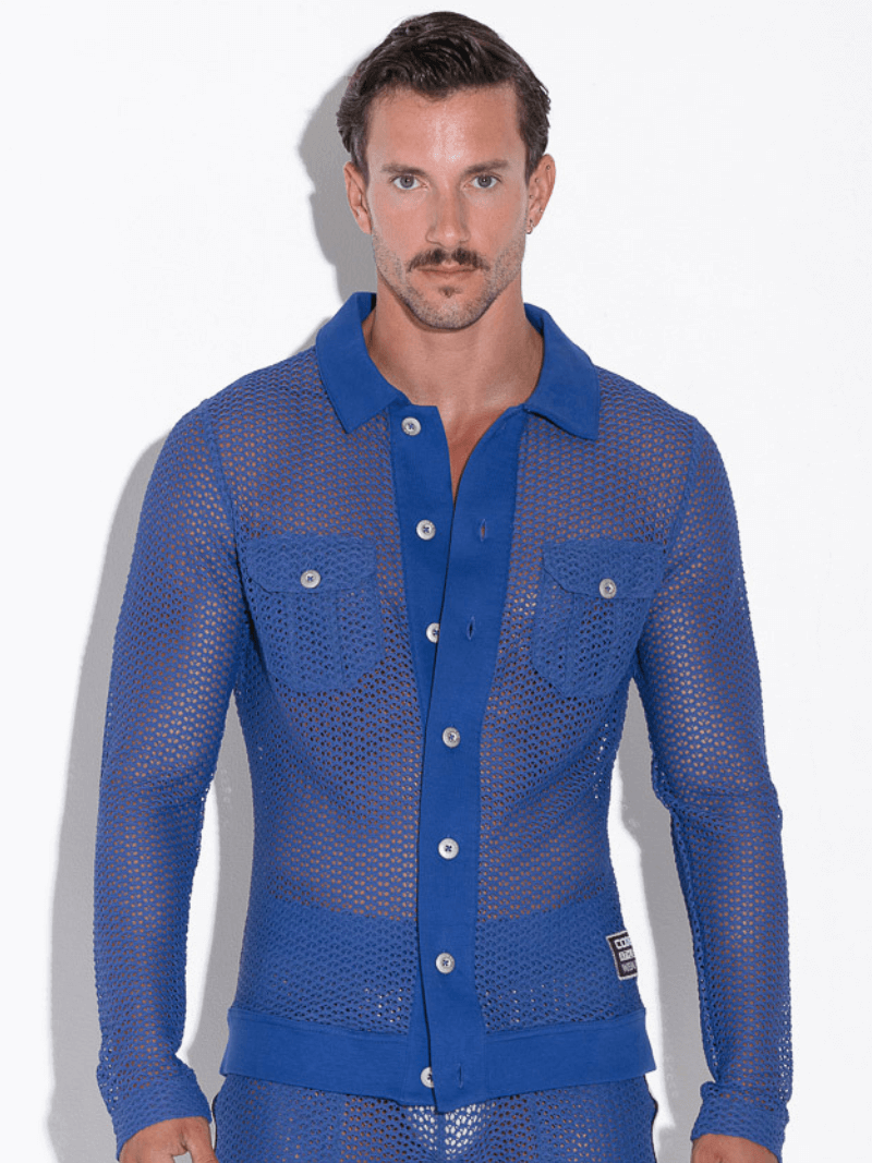 CODE22 Men's Openwork Overshirt: Jacquard Crochet, Long Sleeves, Button-Up, Collared