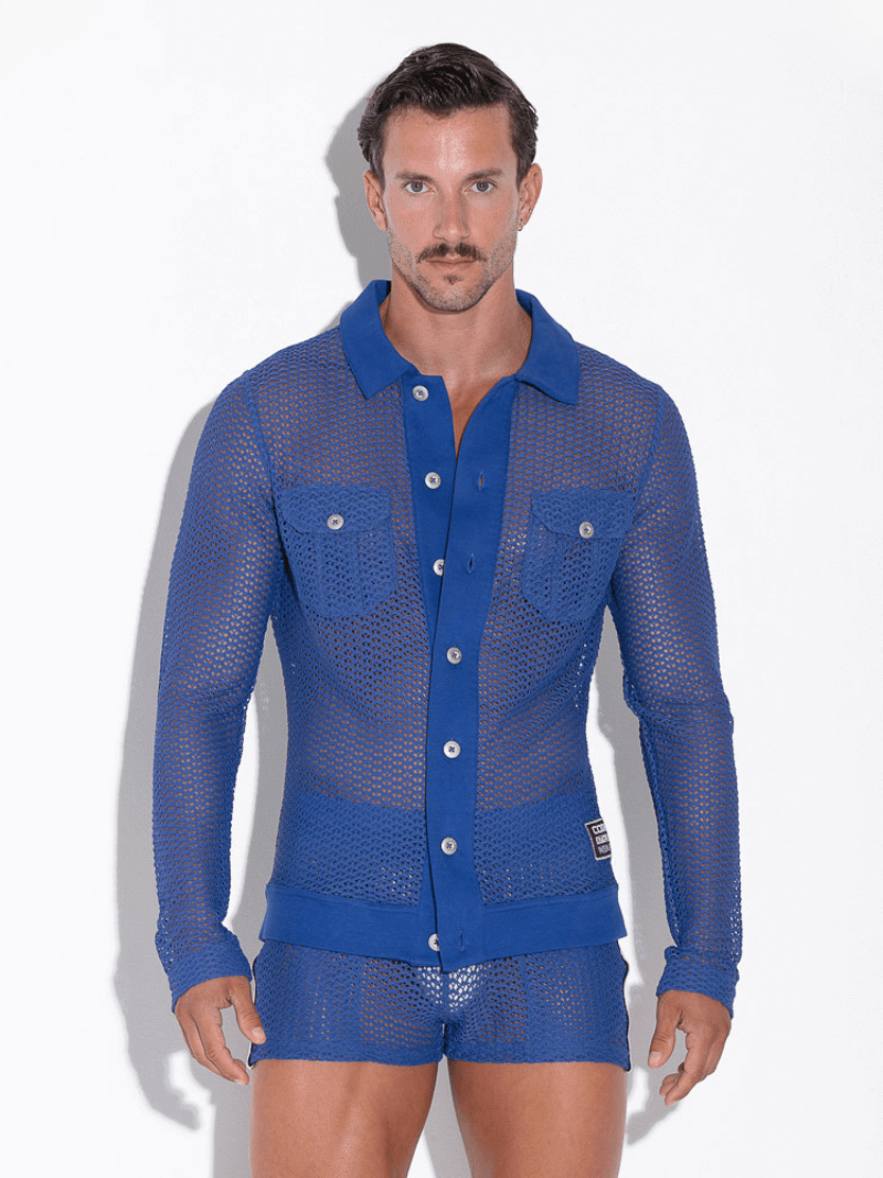 CODE22 Men's Openwork Overshirt: Jacquard Crochet, Long Sleeves, Button-Up, Collared
