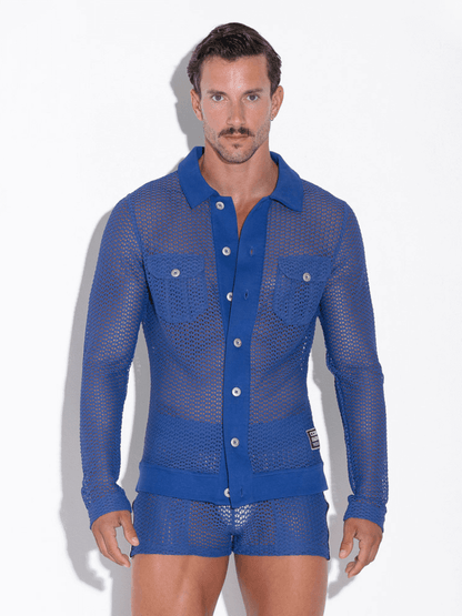 CODE22 Men's Openwork Overshirt: Jacquard Crochet, Long Sleeves, Button-Up, Collared