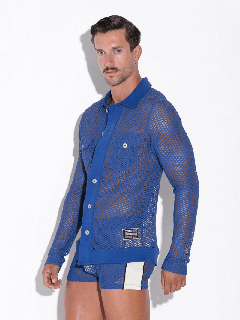 CODE22 Men's Openwork Overshirt: Jacquard Crochet, Long Sleeves, Button-Up, Collared