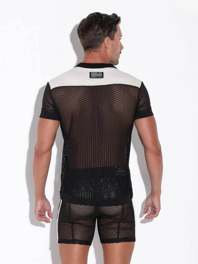 CODE22 Men's Openwork Polo Shirt: Jacquard Crochet, Button-Up, Collared
