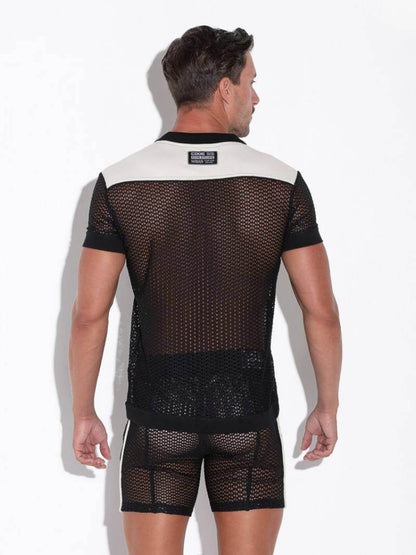 CODE22 Men's Openwork Polo Shirt: Jacquard Crochet, Button-Up, Collared