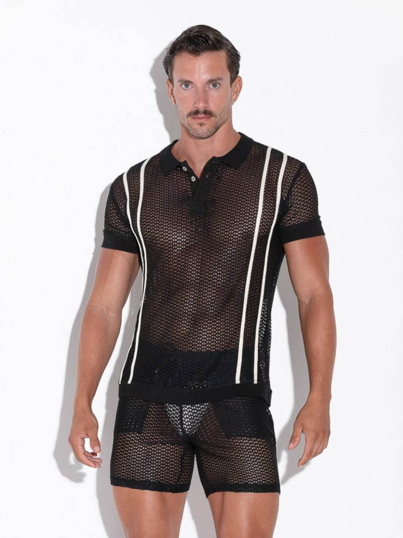 CODE22 Men's Openwork Polo Shirt: Jacquard Crochet, Button-Up, Collared