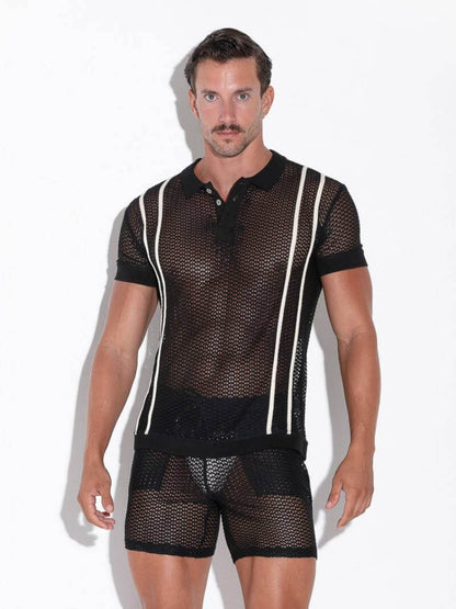 CODE22 Men's Openwork Polo Shirt: Jacquard Crochet, Button-Up, Collared