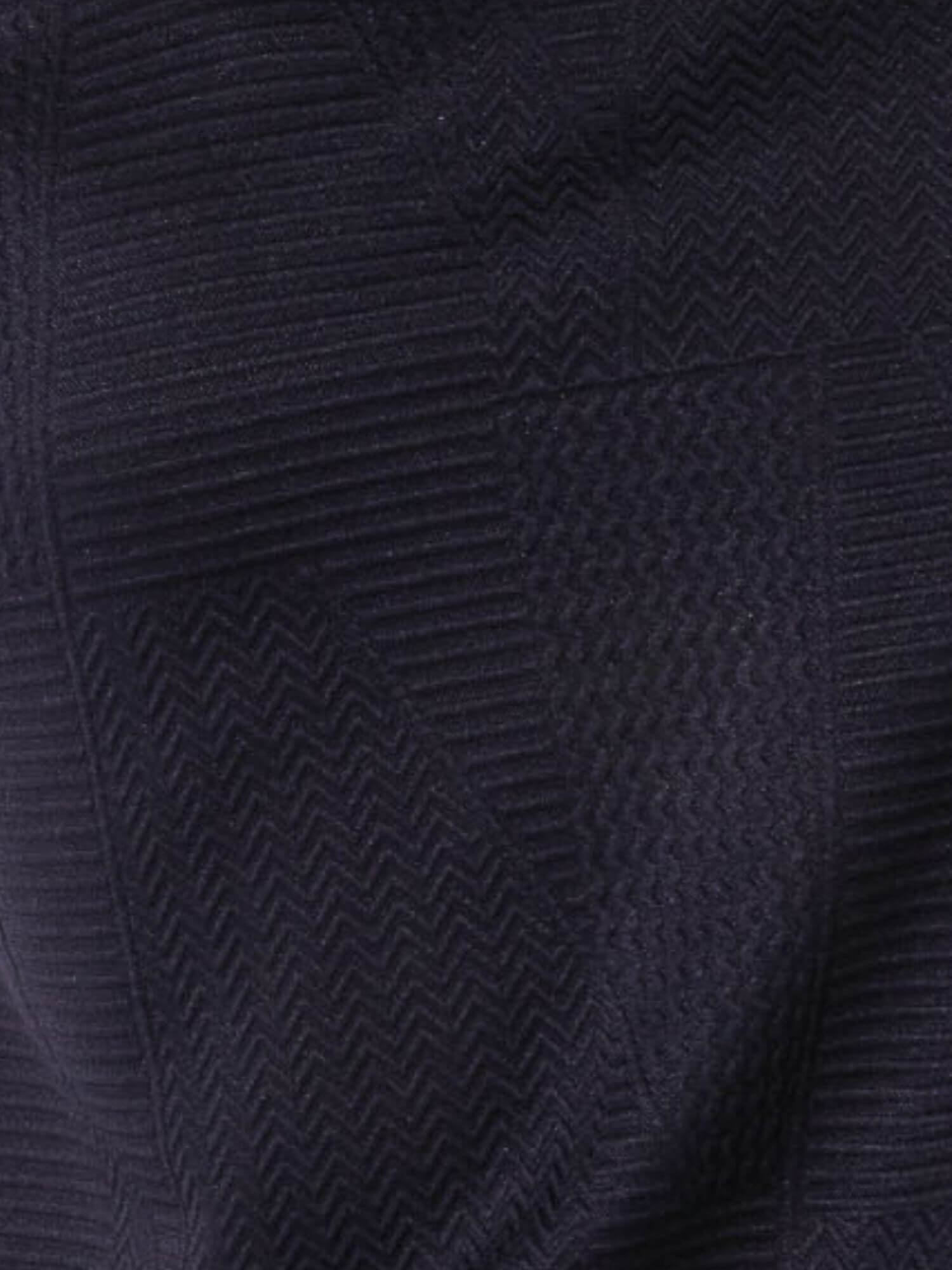 Close-up of a textured navy blue fabric with a subtle pattern