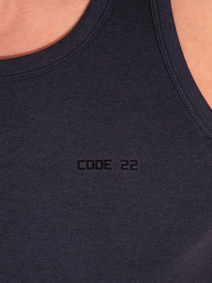 Black tank top with 'CODE 22' logo on a person wearing it.