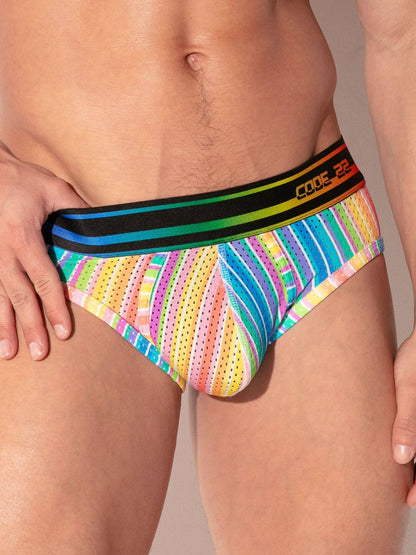 Colorful brief with a striped waistband on a neutral background