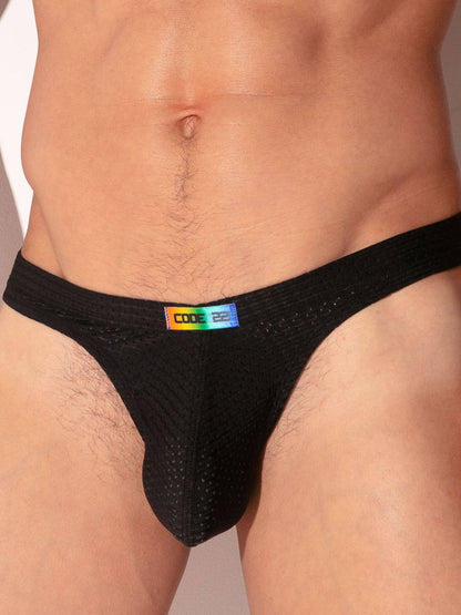 Black men's underwear with a brand logo on a neutral background