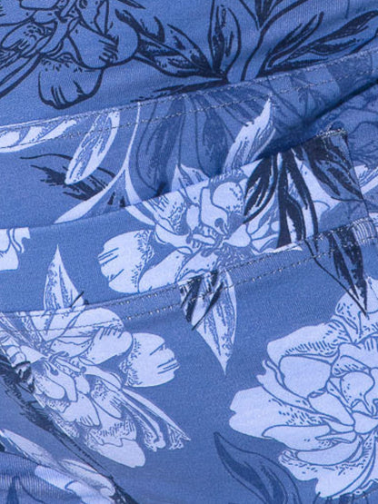 Close-up of blue floral fabric with a focus on stitching details