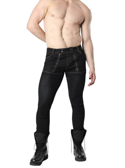 Mens CellBlock13 Saddleback Stretch Fit Denim Shorts with Leatherette Panels