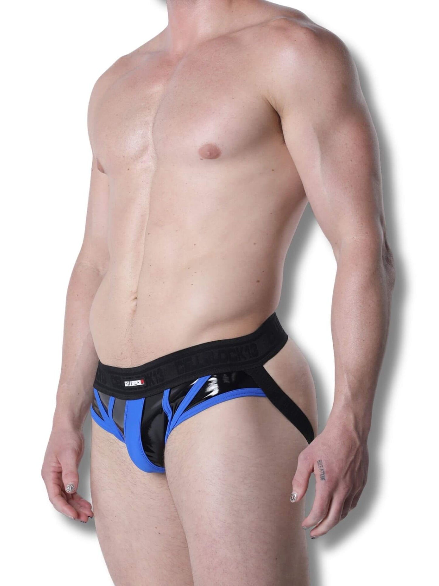 Man wearing a black and blue men's underwear on a white background