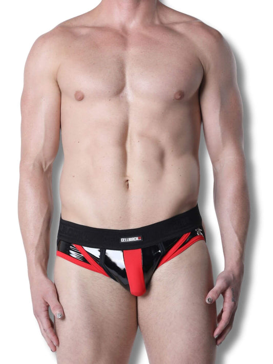 Man wearing a black and red jockstrap on a white background