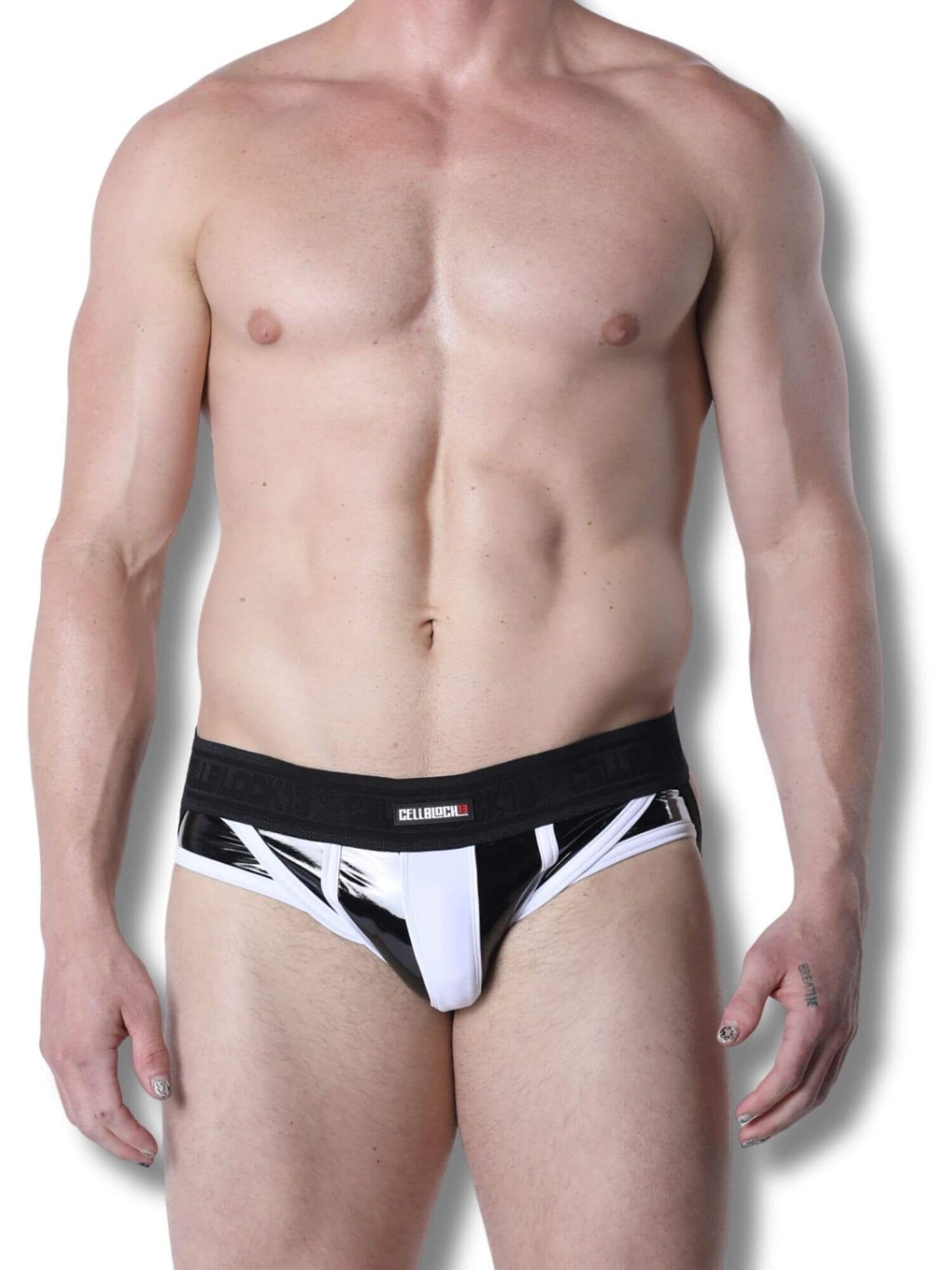 Man wearing a black and white men's underwear on a white background