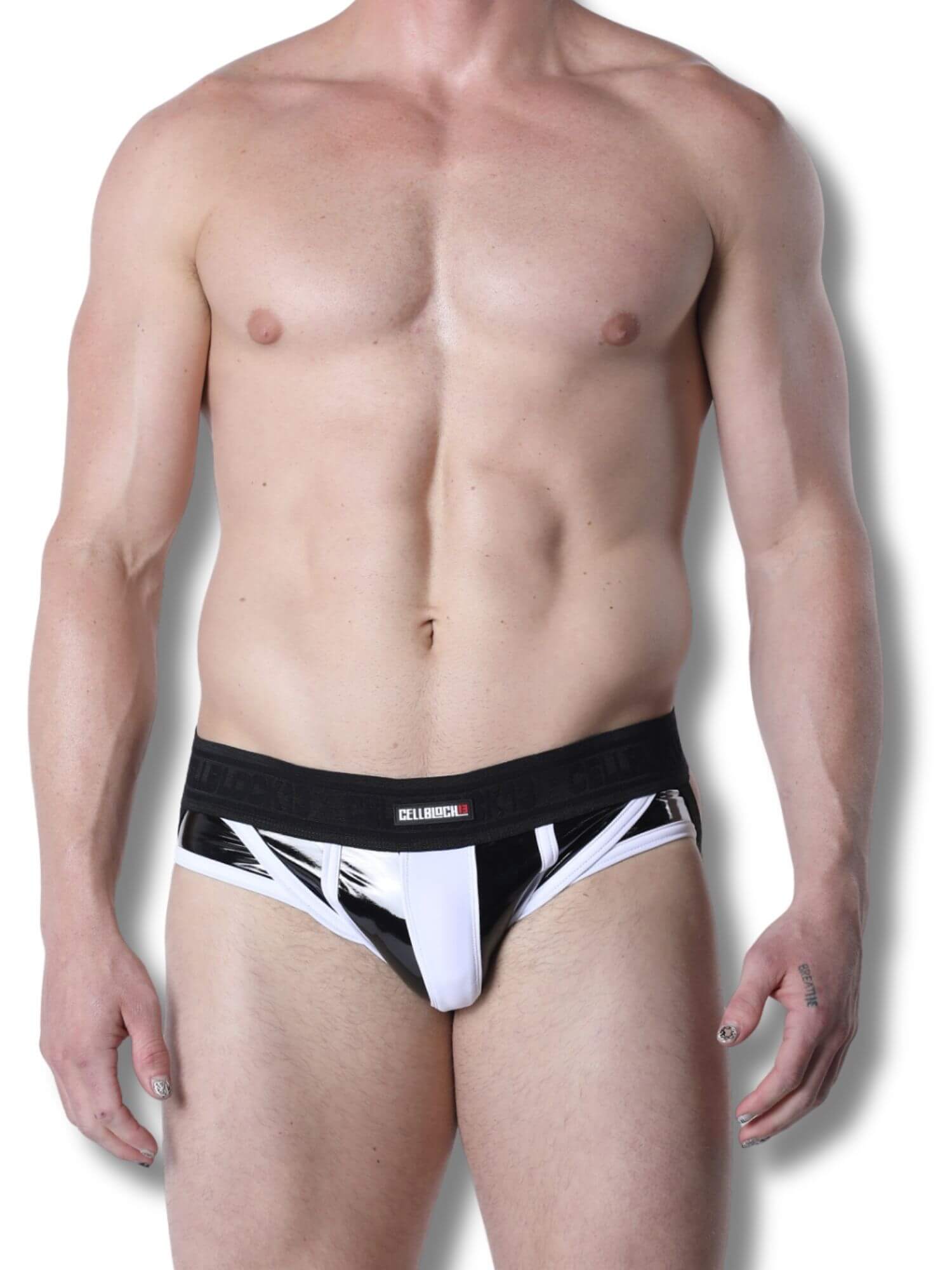 Man wearing a black and white men's underwear on a white background