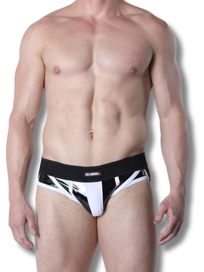 Man wearing a black and white men's underwear on a white background