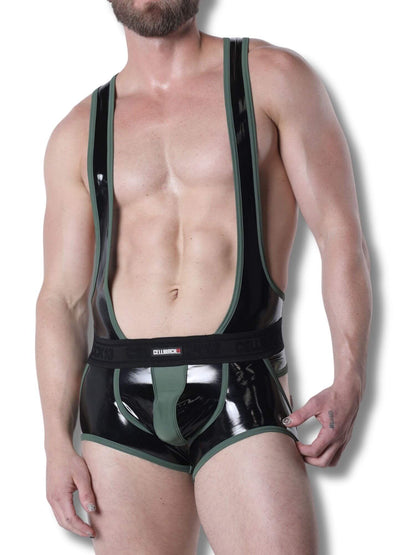 Man wearing a black and green latex outfit on a white background
