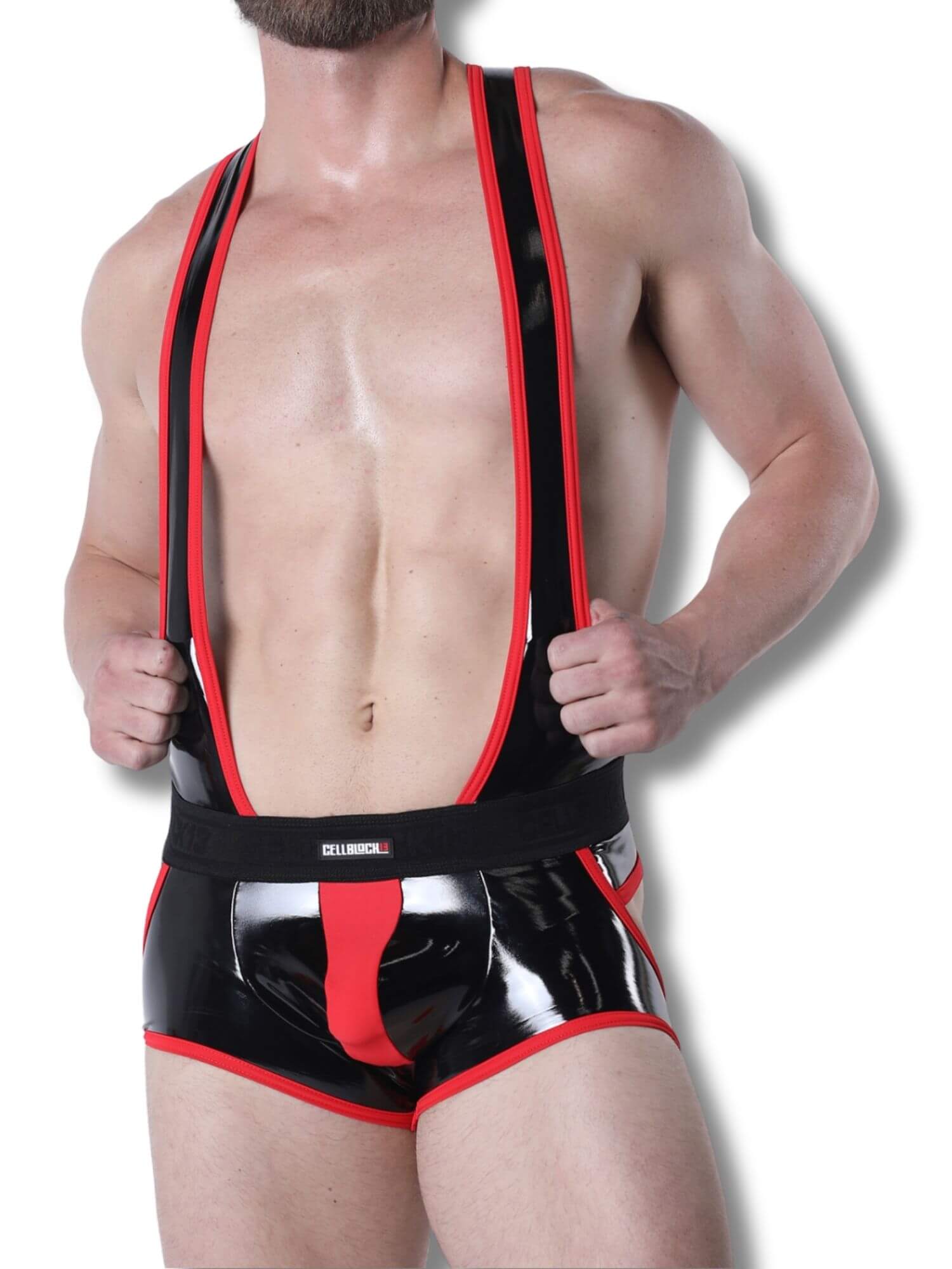 Man wearing a black and red singlet with visible branding on a white background