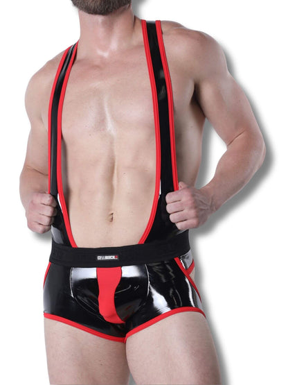 Man wearing a black and red singlet with visible branding on a white background