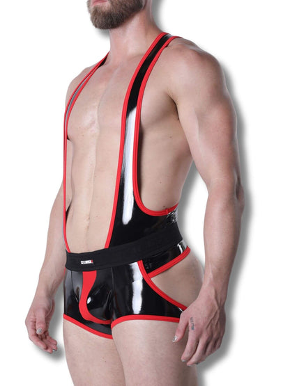 Man wearing a black and red singlet with a white background