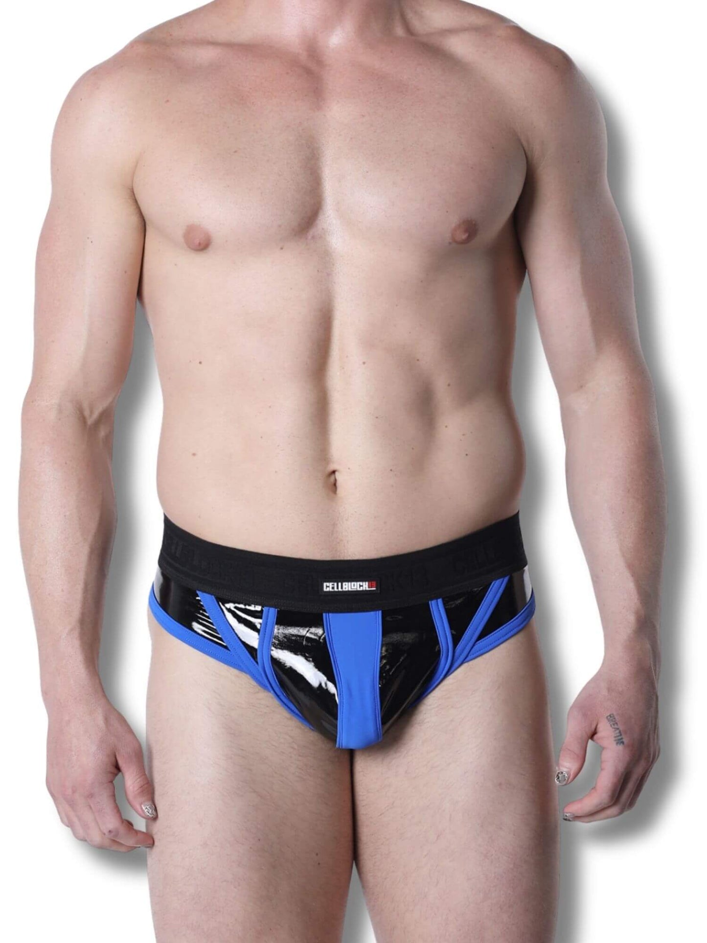 Man wearing a black and blue thong on a white background