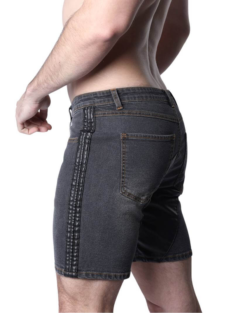 Mens CellBlock13 Saddleback Stretch Fit Denim Shorts with Leatherette Panels