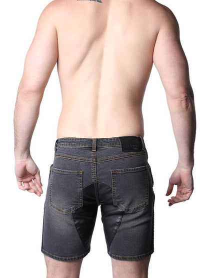 Mens CellBlock13 Saddleback Stretch Fit Denim Shorts with Leatherette Panels