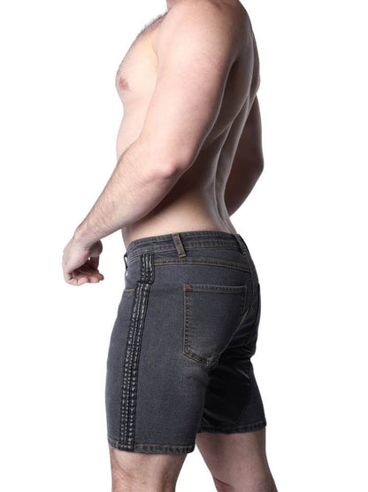 Mens CellBlock13 Saddleback Stretch Fit Denim Shorts with Leatherette Panels