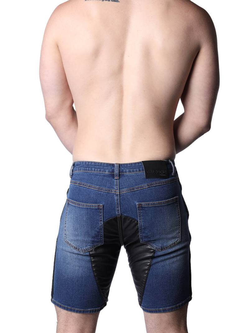 Mens CellBlock13 Saddleback Stretch Fit Denim Shorts with Leatherette Panels