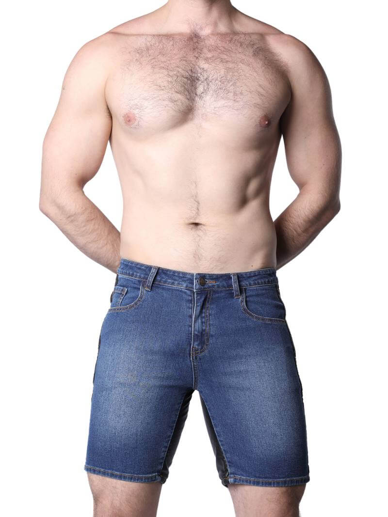 Man wearing blue denim shorts on a white background