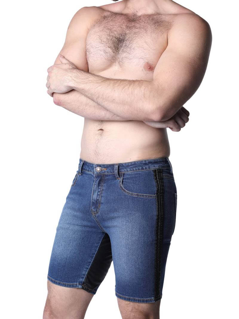 Mens CellBlock13 Saddleback Stretch Fit Denim Shorts with Leatherette Panels
