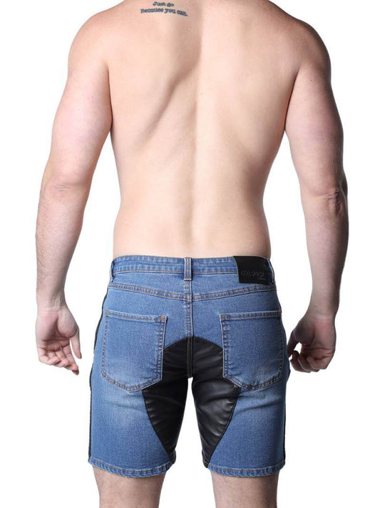 Mens CellBlock13 Saddleback Stretch Fit Denim Shorts with Leatherette Panels