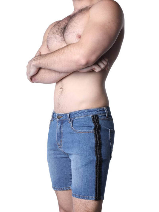 Mens CellBlock13 Saddleback Stretch Fit Denim Shorts with Leatherette Panels