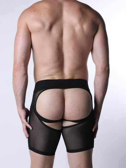 Man wearing black mesh CellBlock 13 Void underwear on a white background 