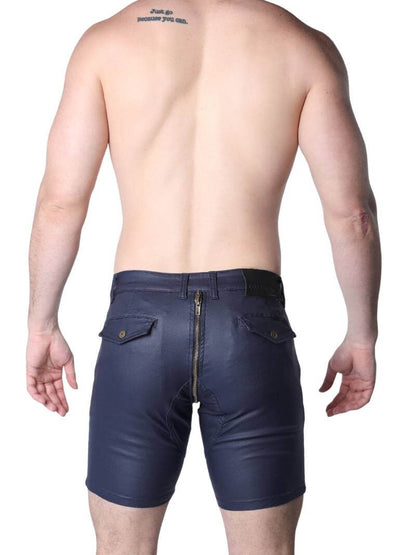 Man wearing navy blue leather shorts on a white background